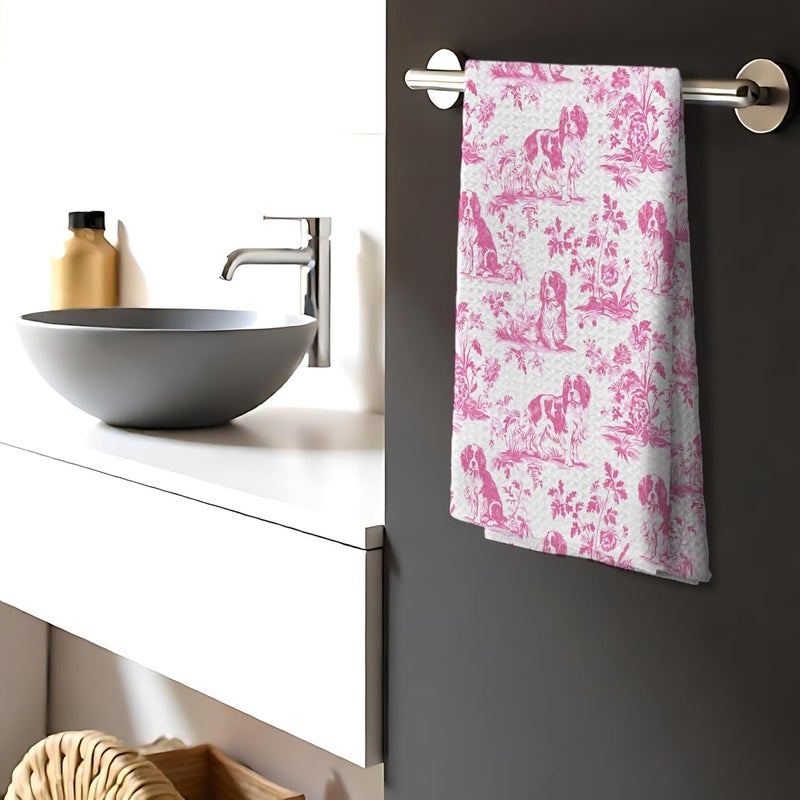 Nipil Pink Chinoiserie Cavalier King Charles Spaniel Kitchen Towels,Cavalier King Charles Spaniel Gifts,Grandmillennial Botanical Dog Hand Towels for Kitchen Bathroom, 16x24 Inch - Image 3